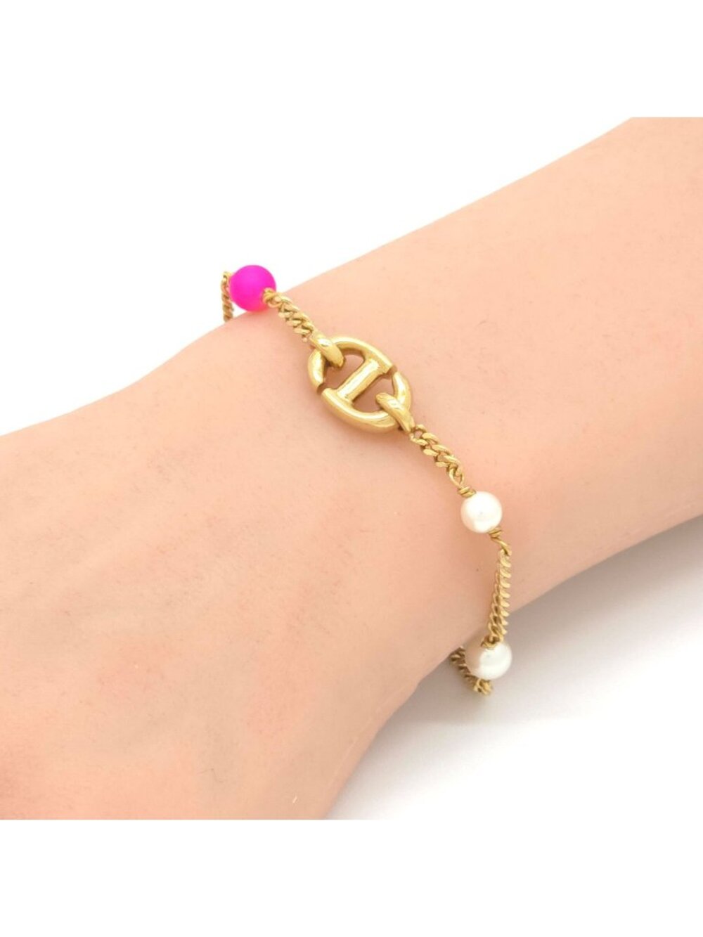 Dior CD Navy Bracelet White Pink Color Resin Pearl Gold Tone Metal